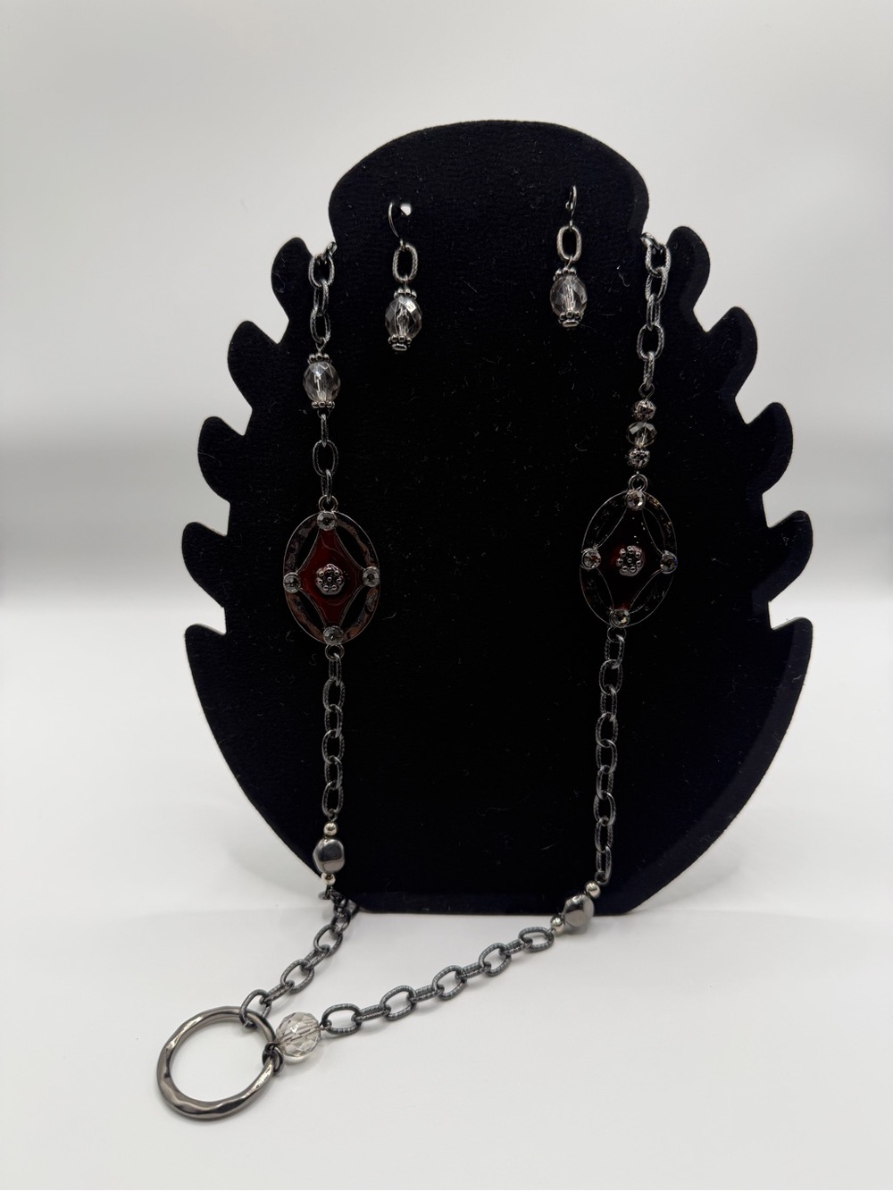 Gunmetal and Red Crystal Women's Necklace and Earring Set